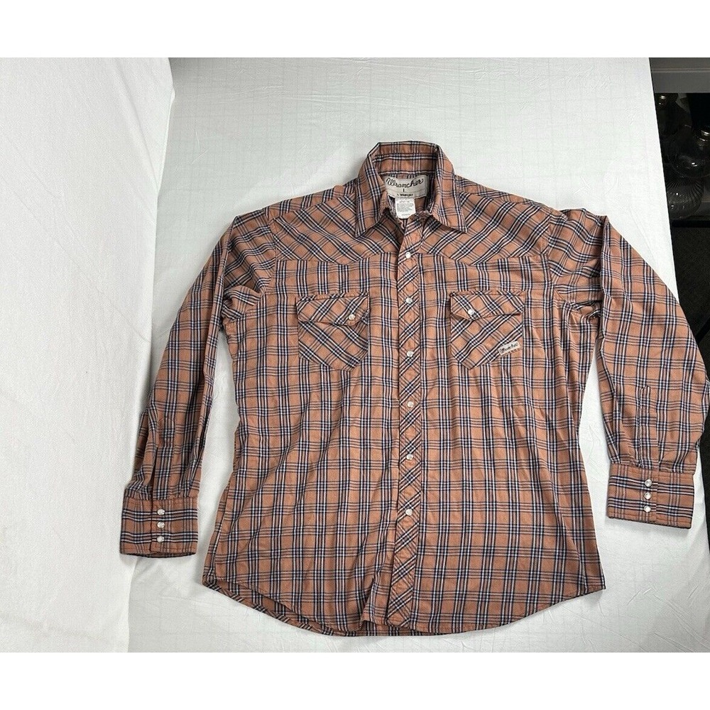 Wrangler Western Shirt LG‎ Brown Plaid Brush Pearl Snap Men Cowboy